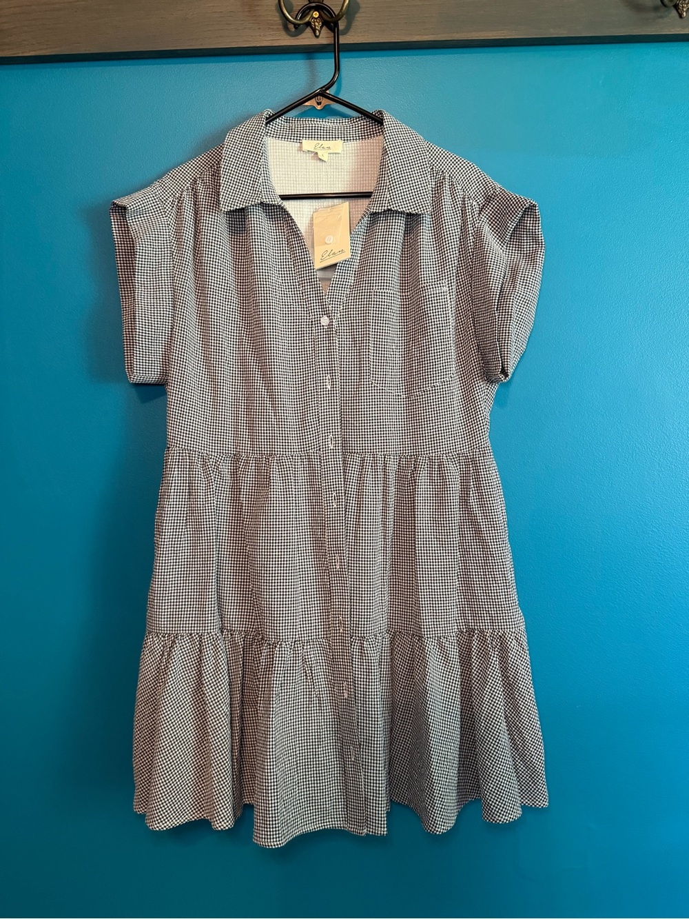 Elan Black and White Gingham Button-Front Tiered Dress